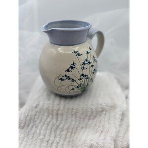 Tarnage Handcrafted Ceramic Pitcher With Blue Floral Design & Light Blue Rim